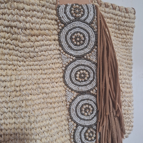 Cocobelle Isabella Natural Raffia & Leather Fringe with Beaded Details Tote Bag - Picture 3 of 12